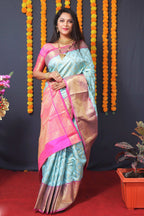 Jyoti Fashion Women's Sky Blue Kanchipuram Silk Zari Woven Saree with Blouse
