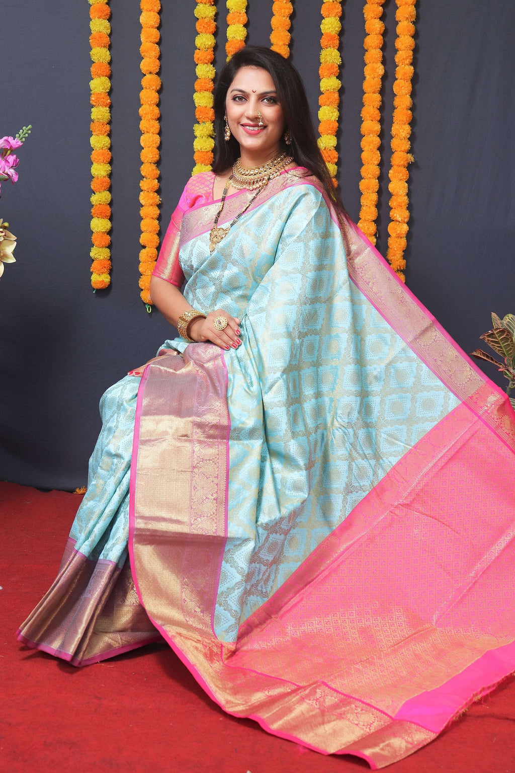 Jyoti Fashion Women's Sky Blue Kanchipuram Silk Zari Woven Saree with Blouse