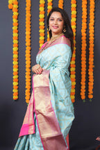 Jyoti Fashion Women's Sky Blue Kanchipuram Silk Zari Woven Saree with Blouse