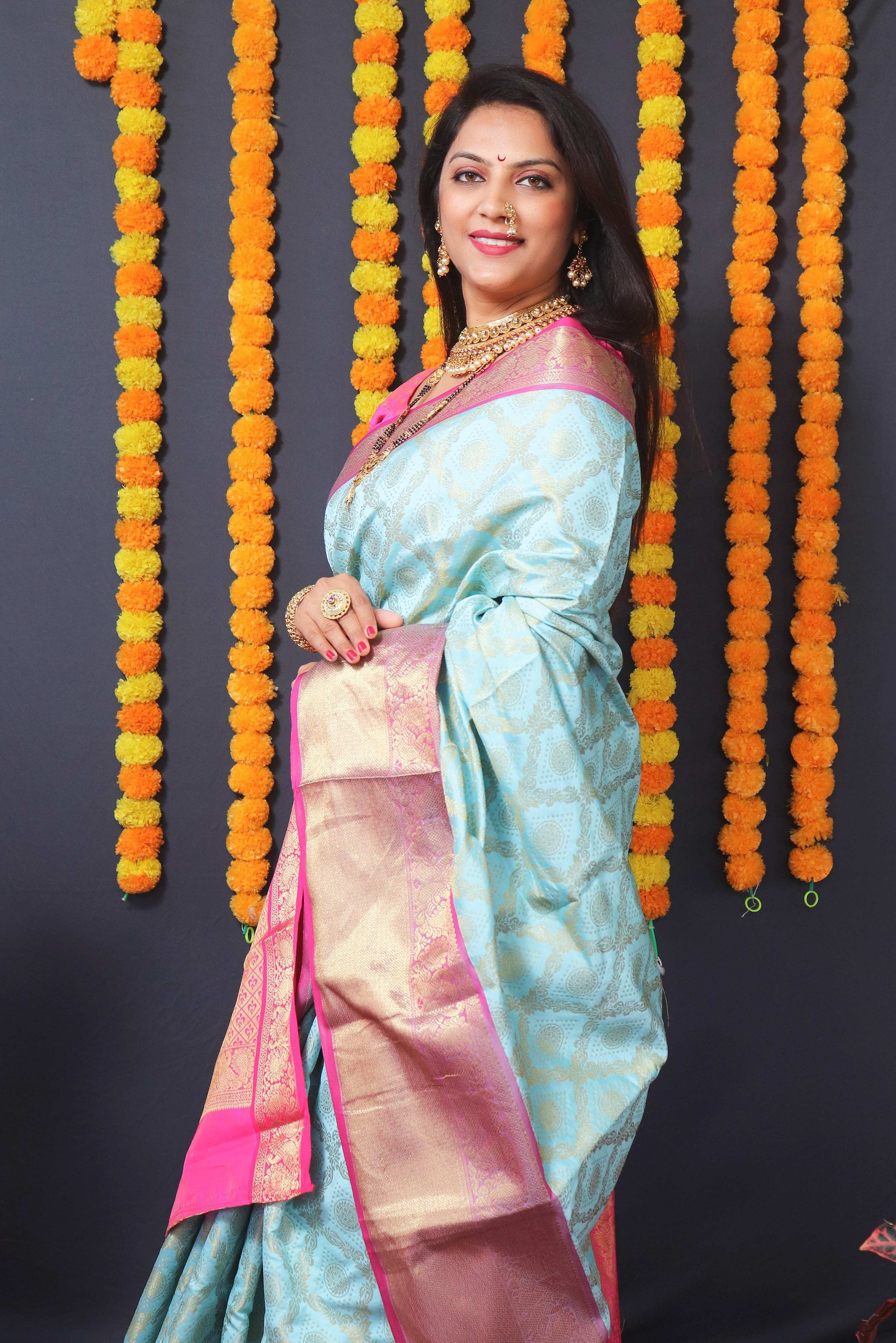 Jyoti Fashion Women's Sky Blue Kanchipuram Silk Zari Woven Saree with Blouse