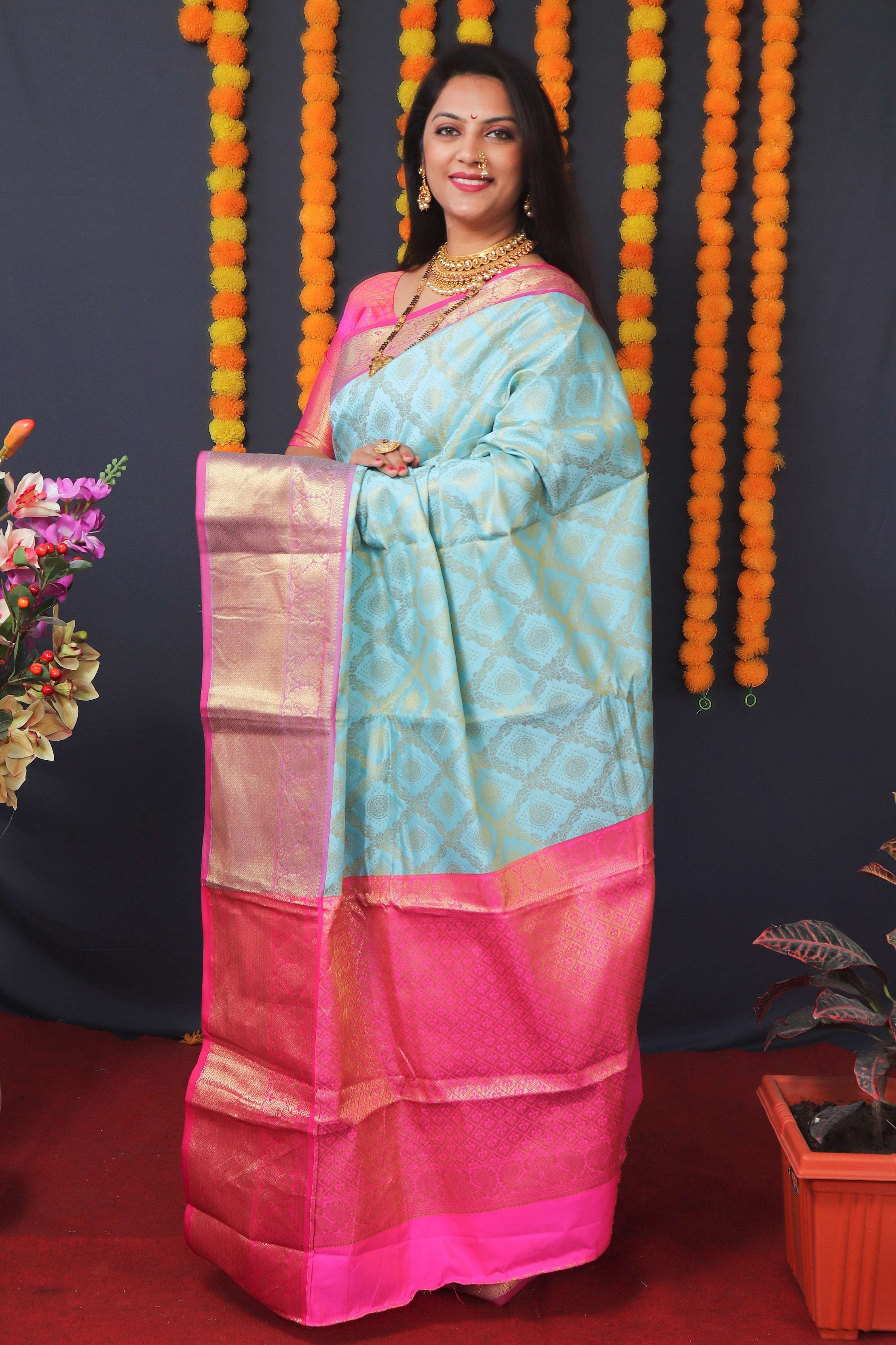 Jyoti Fashion Women's Sky Blue Kanchipuram Silk Zari Woven Saree with Blouse