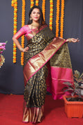 Jyoti Fashion Women's Black Kanchipuram Silk Zari Woven Saree with Blouse