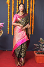 Jyoti Fashion Women's Black Kanchipuram Silk Zari Woven Saree with Blouse