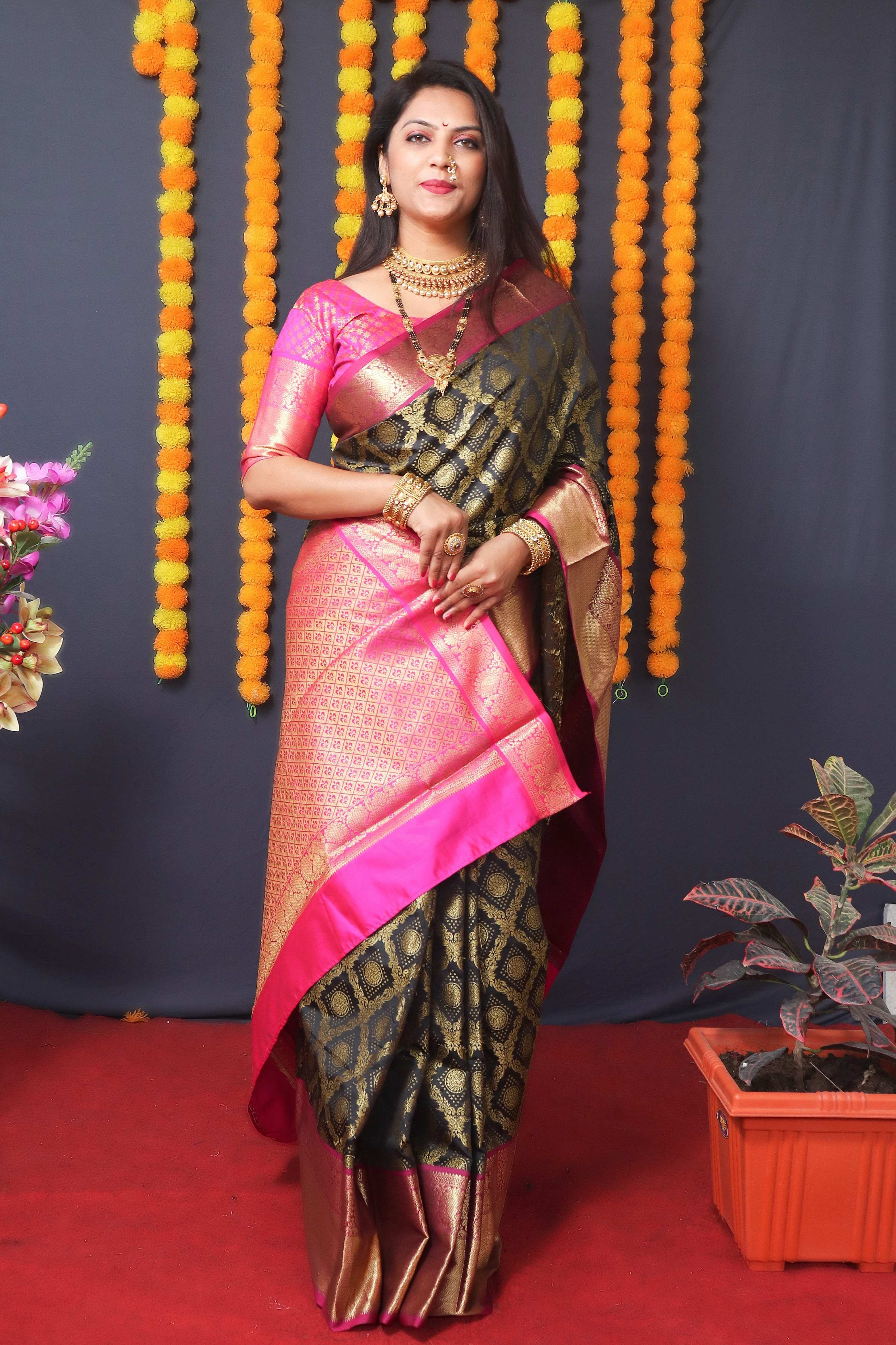 Jyoti Fashion Women's Black Kanchipuram Silk Zari Woven Saree with Blouse