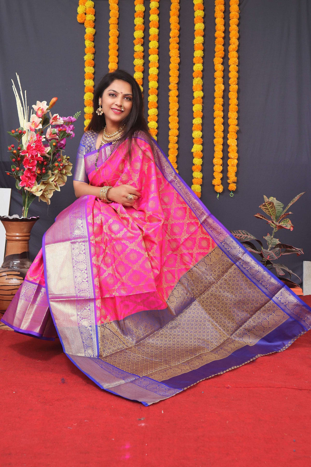 Jyoti Fashion Women's Pink Kanchipuram Silk Zari Woven Saree with Blouse