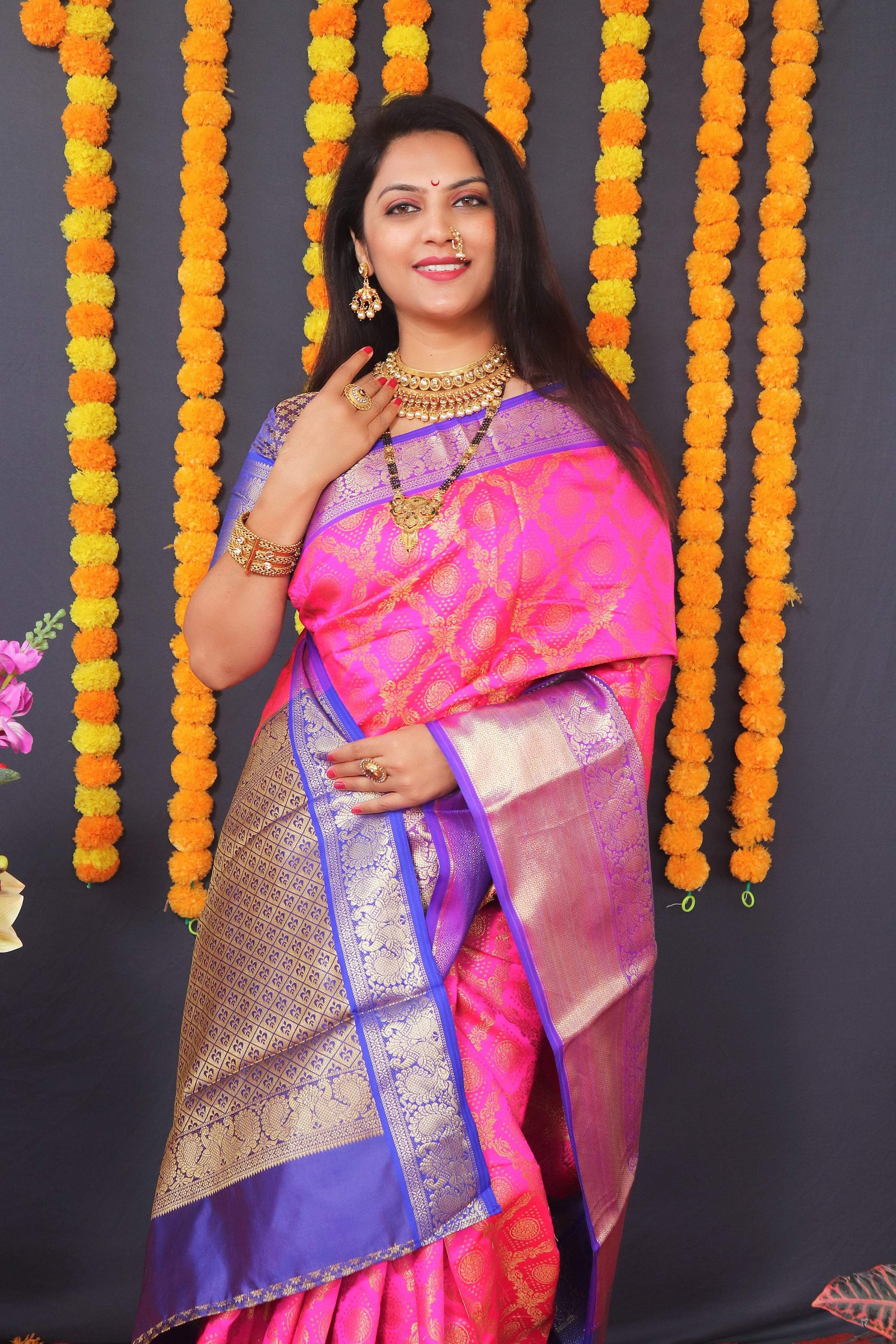 Jyoti Fashion Women's Pink Kanchipuram Silk Zari Woven Saree with Blouse