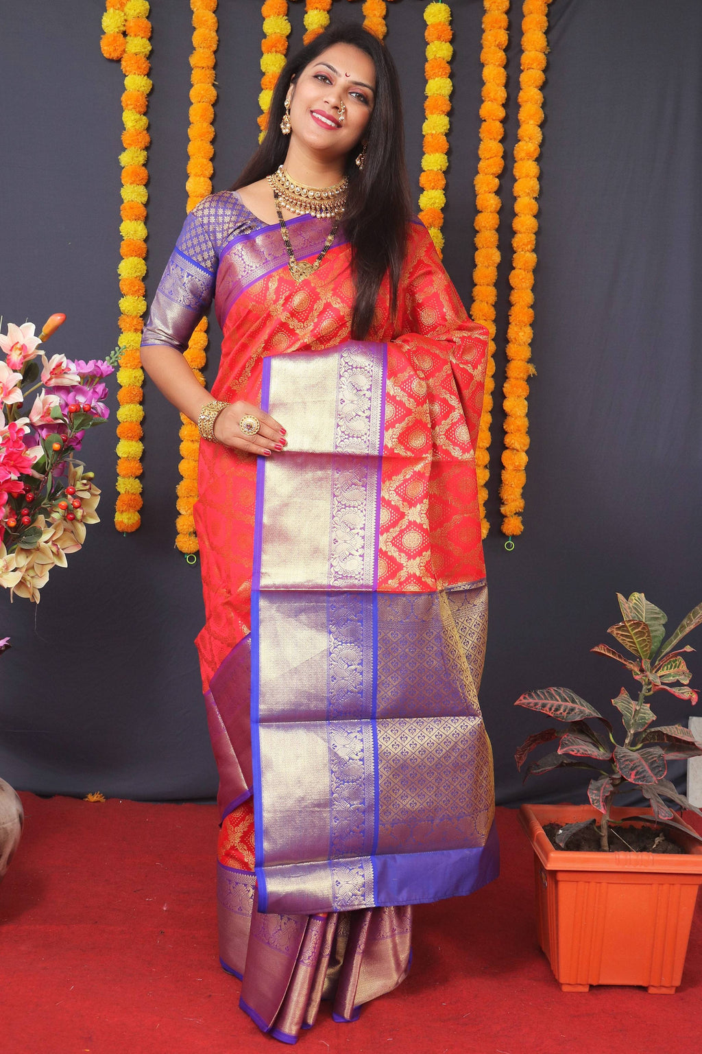 Jyoti Fashion Women's Red Kanchipuram Silk Zari Woven Saree with Blouse