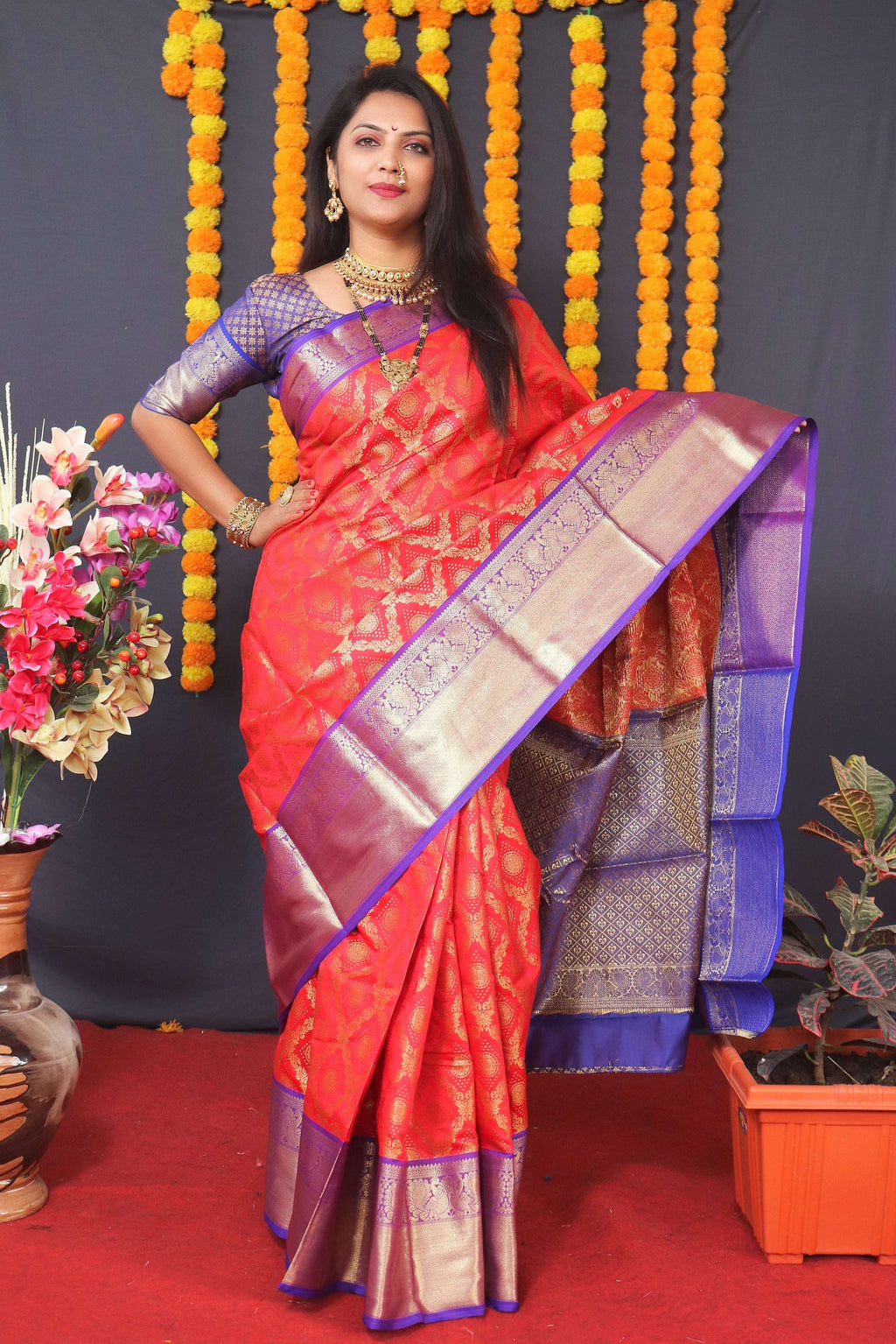 Jyoti Fashion Women's Red Kanchipuram Silk Zari Woven Saree with Blouse