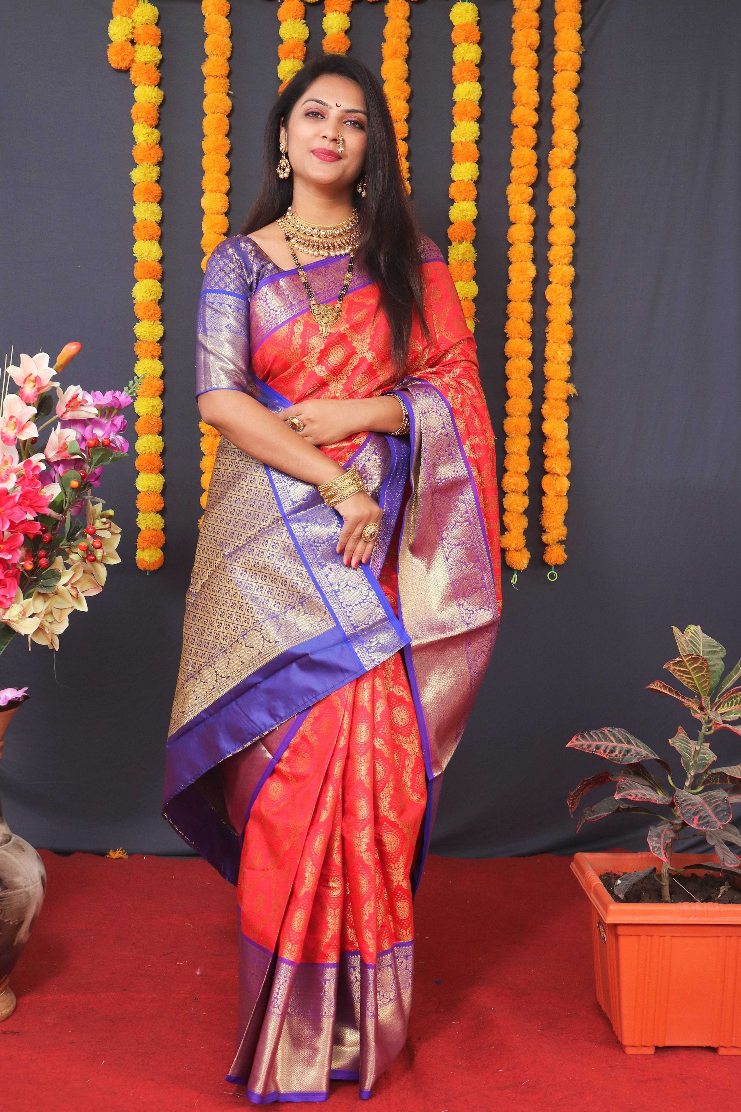 Jyoti Fashion Women's Red Kanchipuram Silk Zari Woven Saree with Blouse