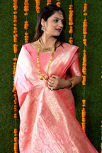 Jyoti Fashion Women's Peach Handloom Banarasi Silk Zari Woven Saree with Blouse - Distacart
