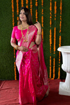 Jyoti Fashion Women's Rani Pink Handloom Banarasi Silk Zari Woven Saree with Blouse - Distacart