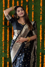 Jyoti Fashion Women's Black Handloom Banarasi Silk Zari Woven Saree with Blouse - Distacart