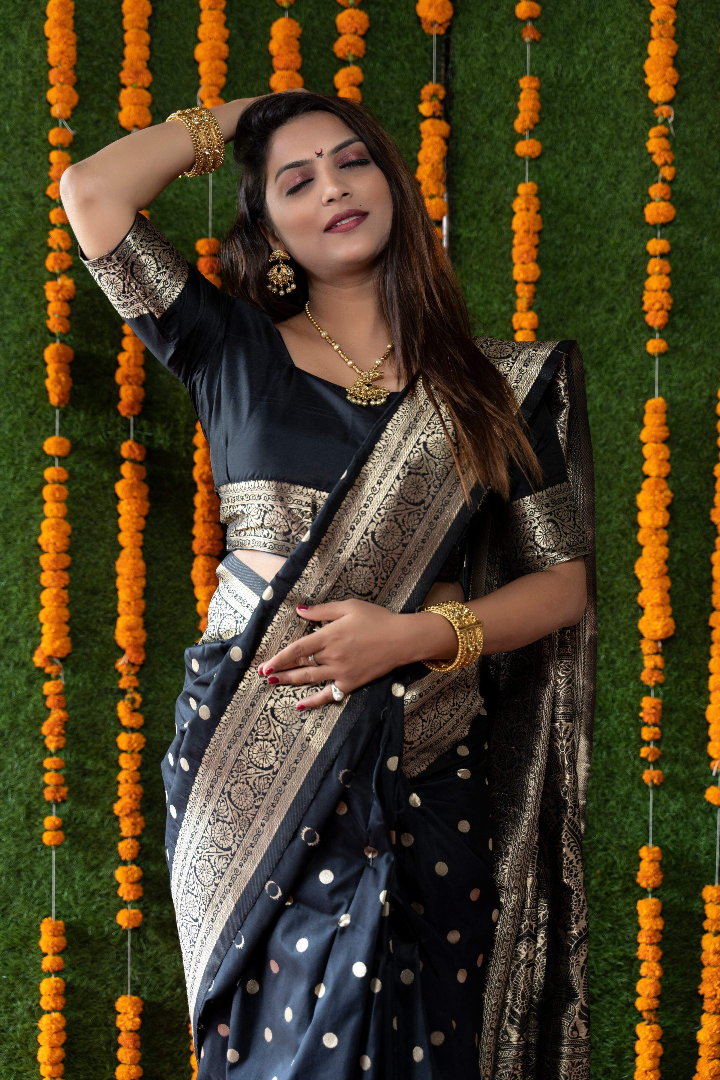 Jyoti Fashion Women's Black Handloom Banarasi Silk Zari Woven Saree with Blouse - Distacart