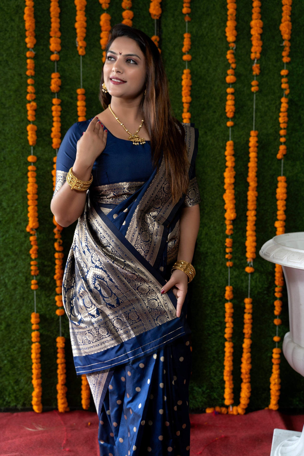Jyoti Fashion Women's Navy Blue Handloom Banarasi Silk Zari Woven Saree with Blouse - Distacart