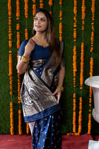 Jyoti Fashion Women's Navy Blue Handloom Banarasi Silk Zari Woven Saree with Blouse - Distacart