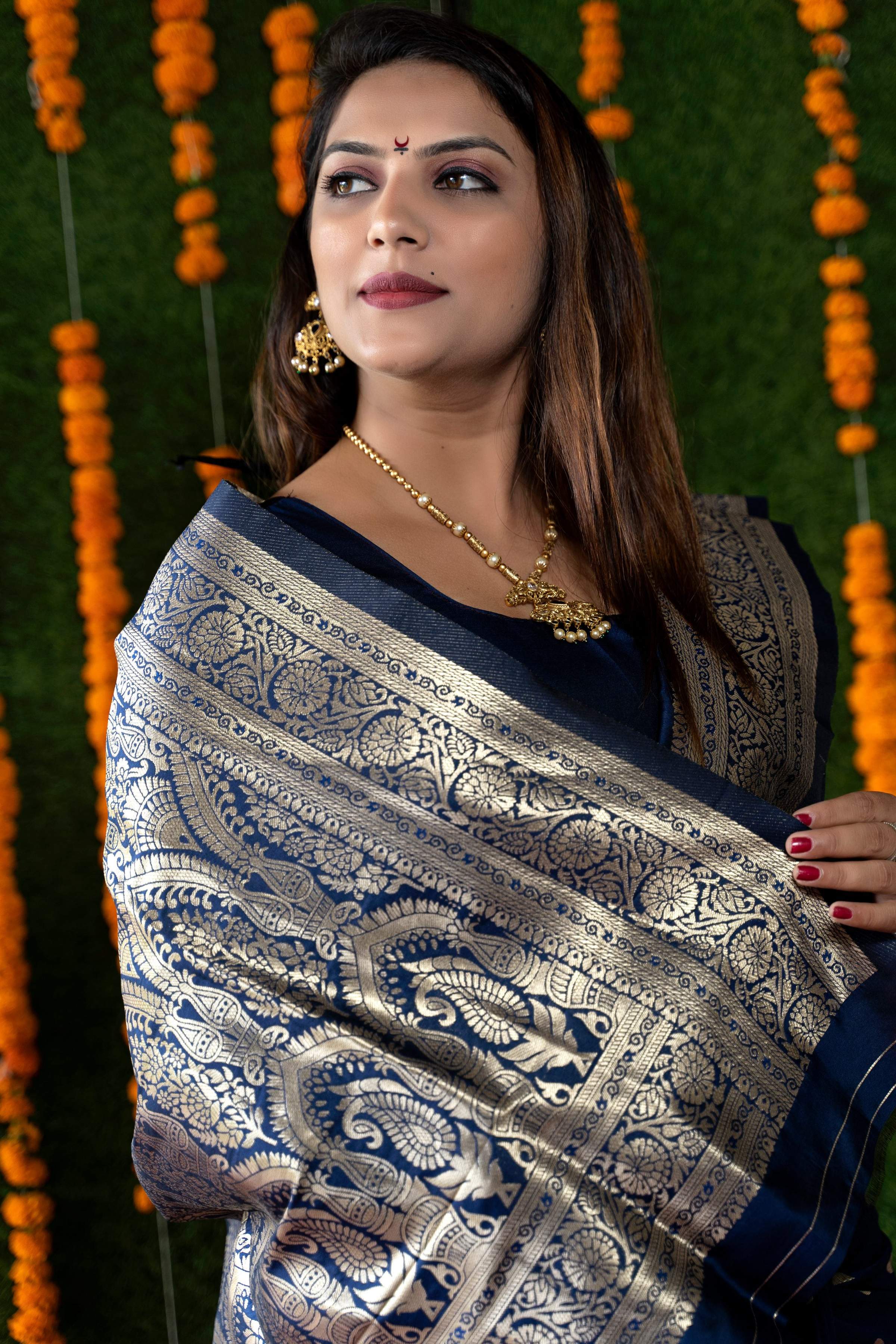 Jyoti Fashion Women's Navy Blue Handloom Banarasi Silk Zari Woven Saree with Blouse - Distacart