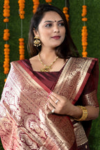 Jyoti Fashion Women's Maroon Handloom Banarasi Silk Zari Woven Saree with Blouse - Distacart