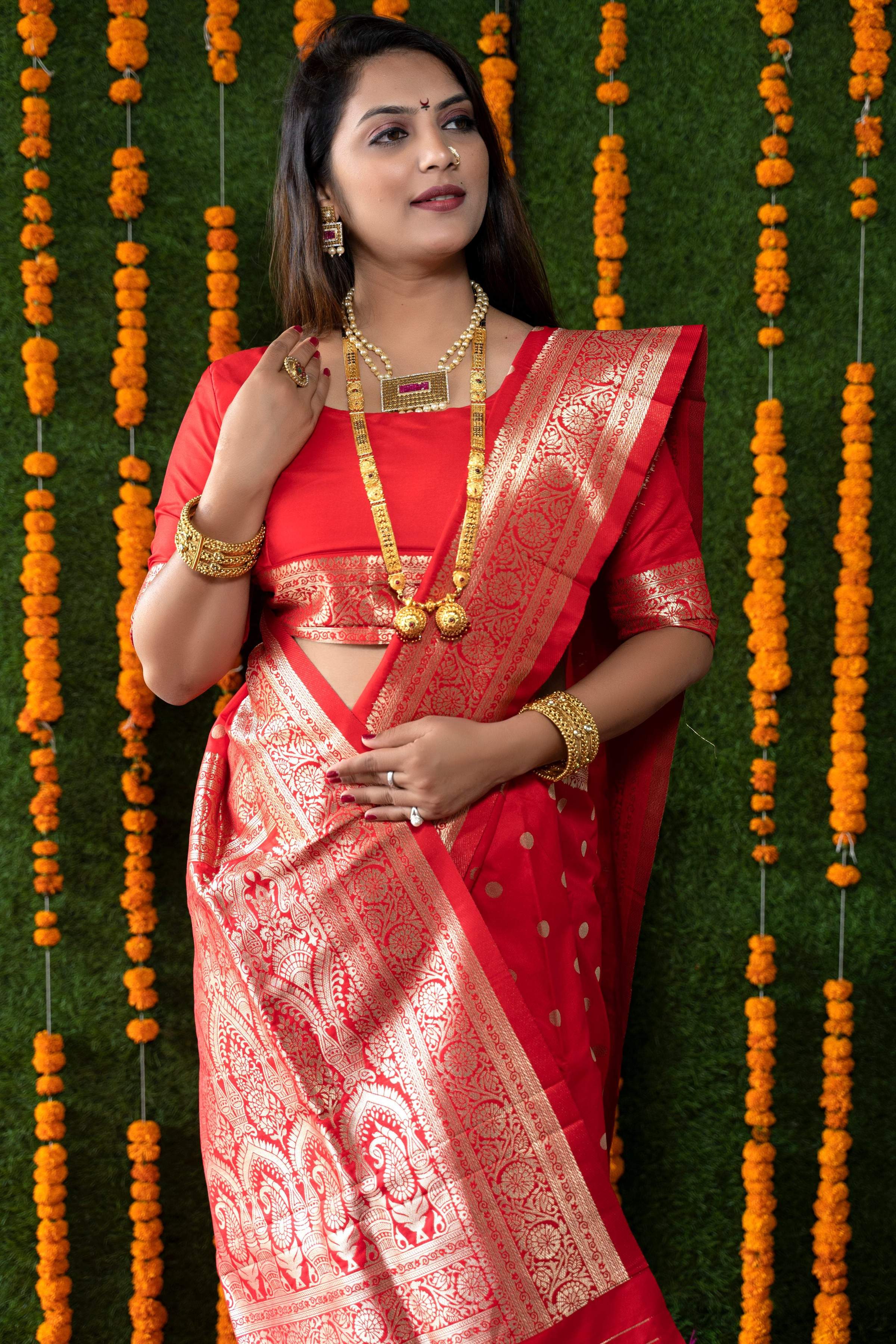 Jyoti Fashion Women's Red Handloom Banarasi Silk Zari Woven Saree with Blouse - Distacart