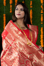 Jyoti Fashion Women's Red Handloom Banarasi Silk Zari Woven Saree with Blouse - Distacart