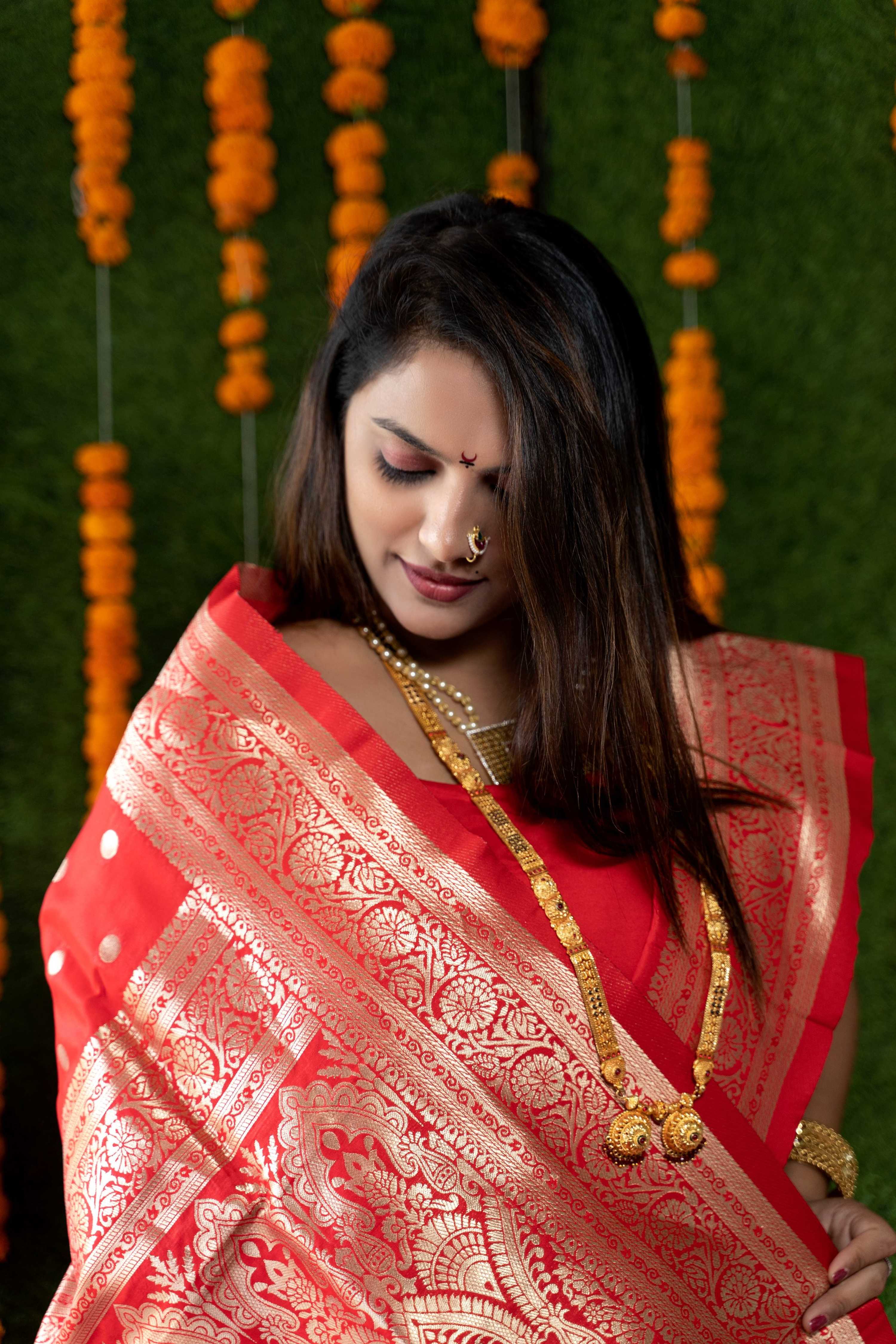 Jyoti Fashion Women's Red Handloom Banarasi Silk Zari Woven Saree with Blouse - Distacart