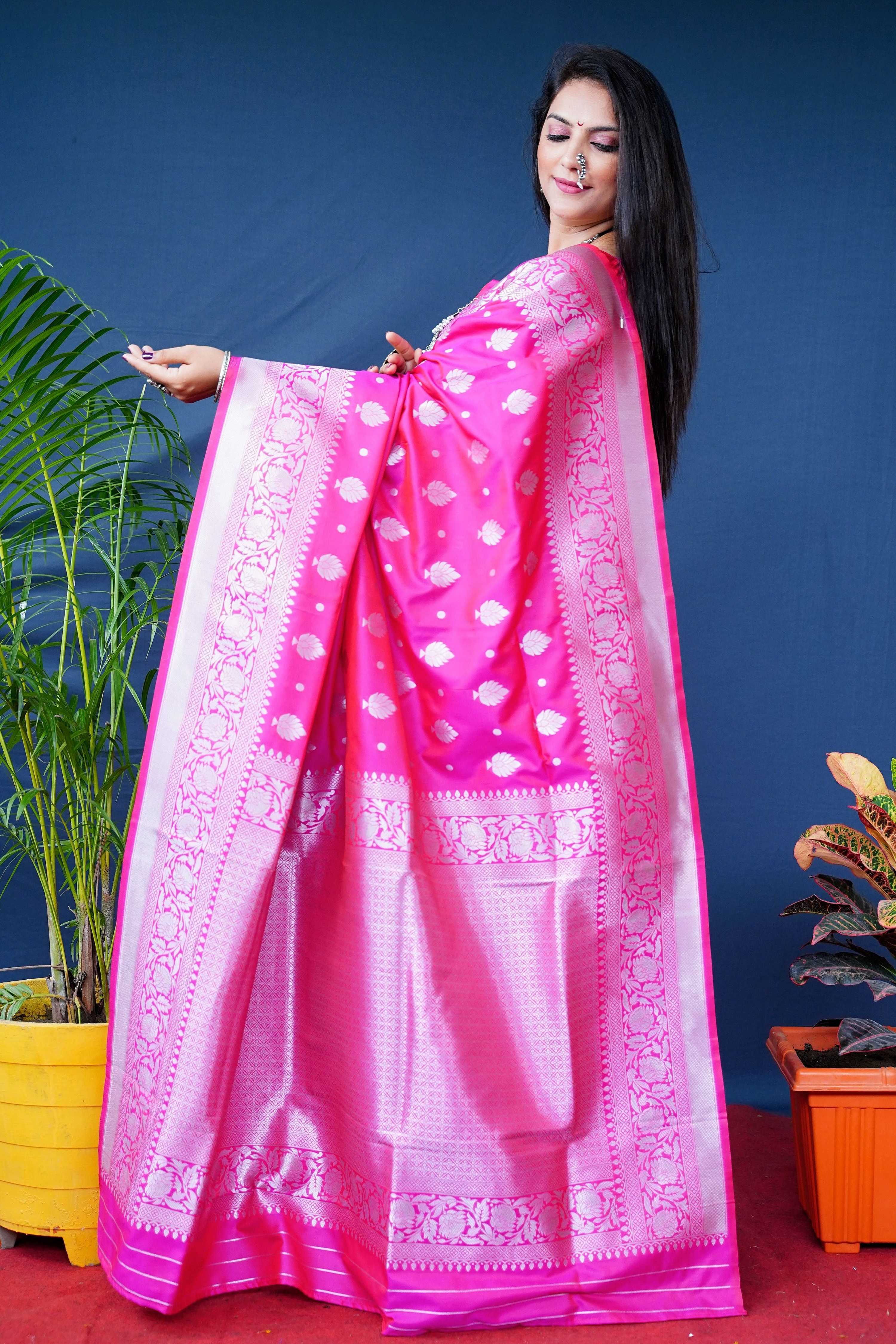Jyoti Fashion Women's Pink Soft Banarasi Silk Zari Woven Saree with Blouse - Distacart