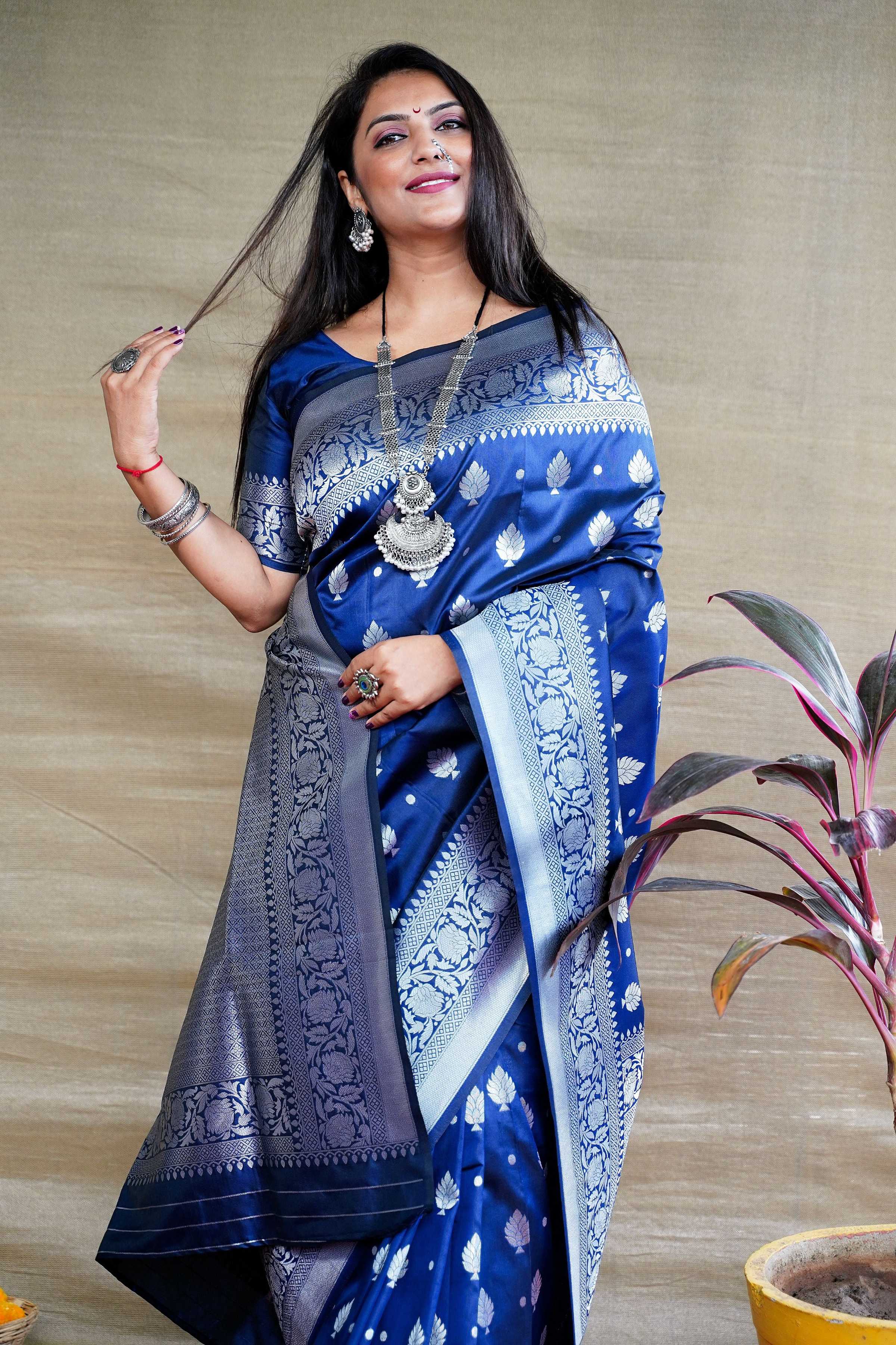 Jyoti Fashion Women's Navy Blue Soft Banarasi Silk Zari Woven Saree with Blouse - Distacart