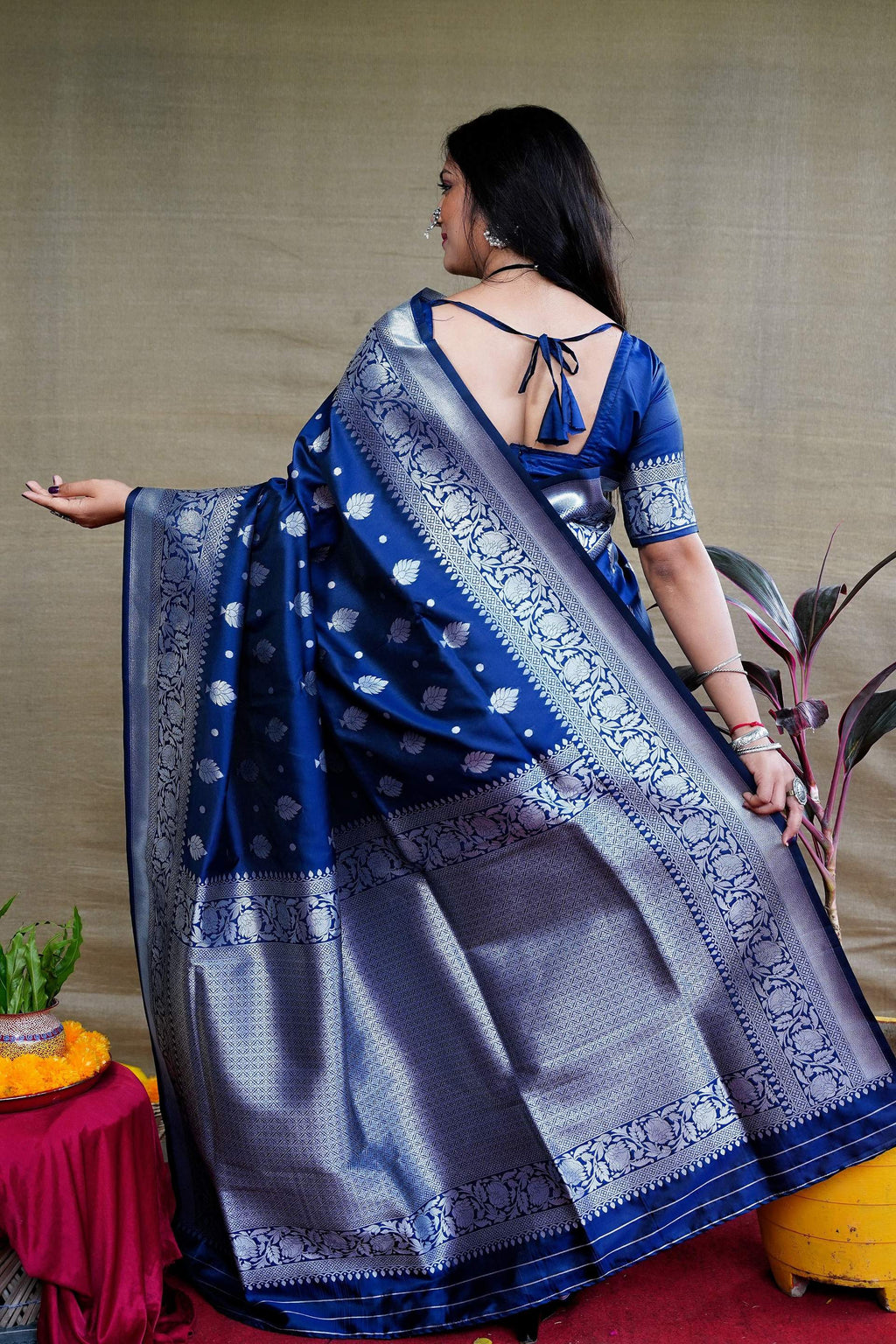 Jyoti Fashion Women's Navy Blue Soft Banarasi Silk Zari Woven Saree with Blouse - Distacart