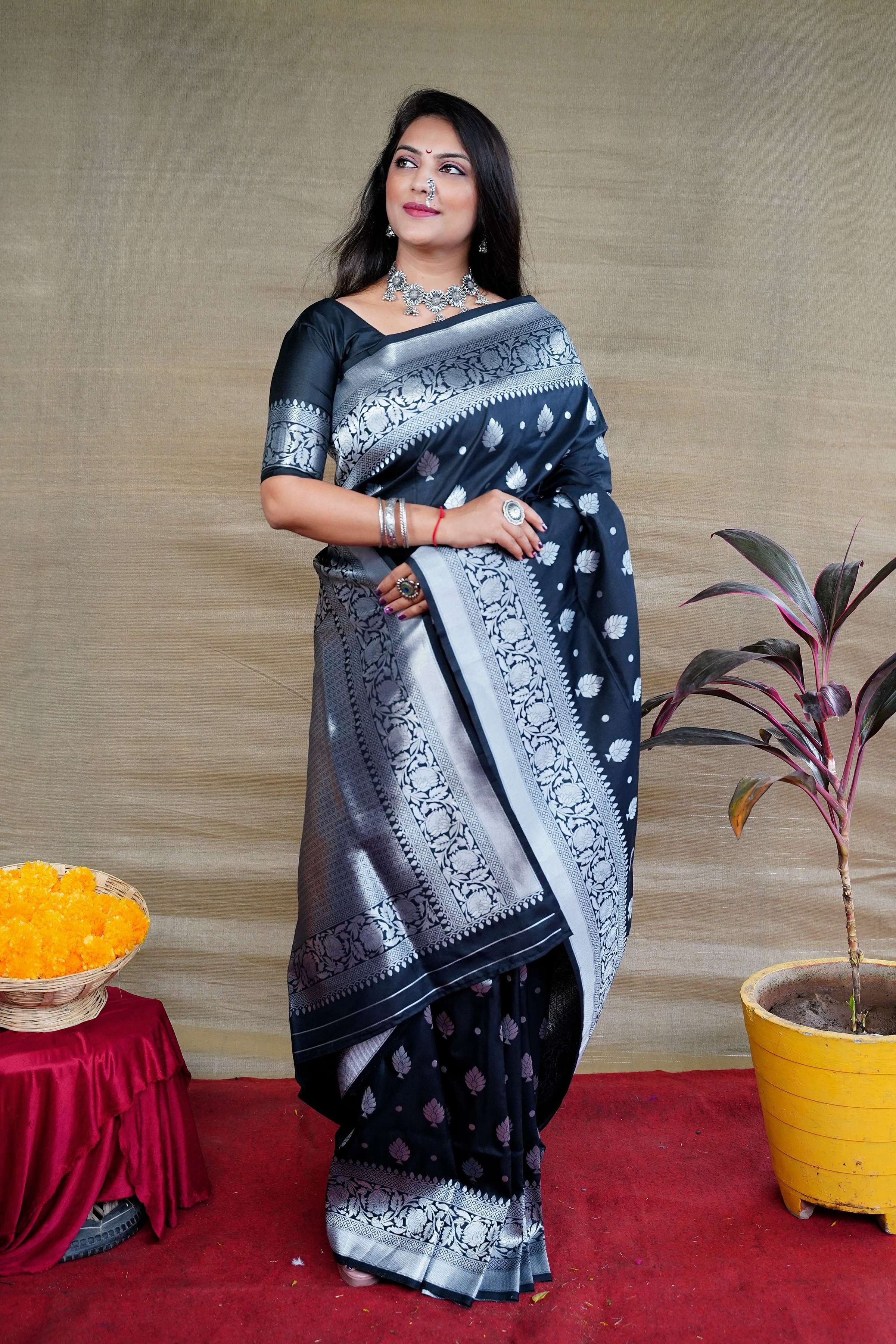 Jyoti Fashion Women's Black Soft Banarasi Silk Zari Woven Saree with Blouse - Distacart