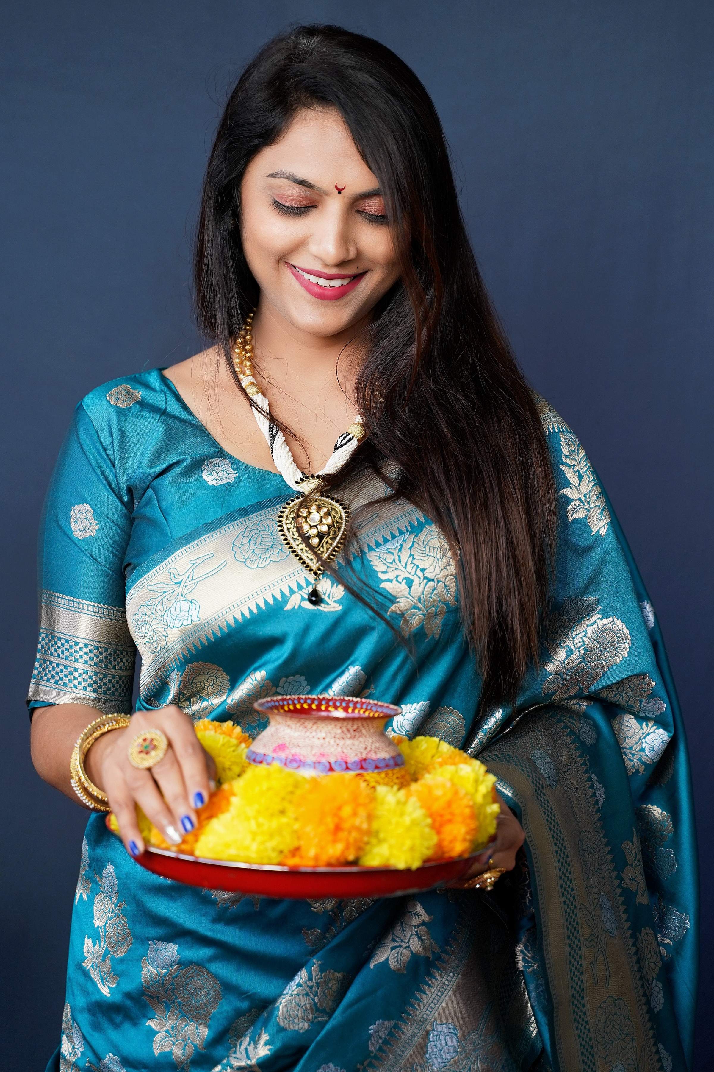 Jyoti Fashion Women's Teal Handloom Banarasi Silk Zari Woven Saree with Blouse - Distacart