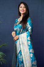 Jyoti Fashion Women's Teal Handloom Banarasi Silk Zari Woven Saree with Blouse - Distacart