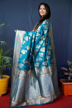 Jyoti Fashion Women's Teal Handloom Banarasi Silk Zari Woven Saree with Blouse - Distacart