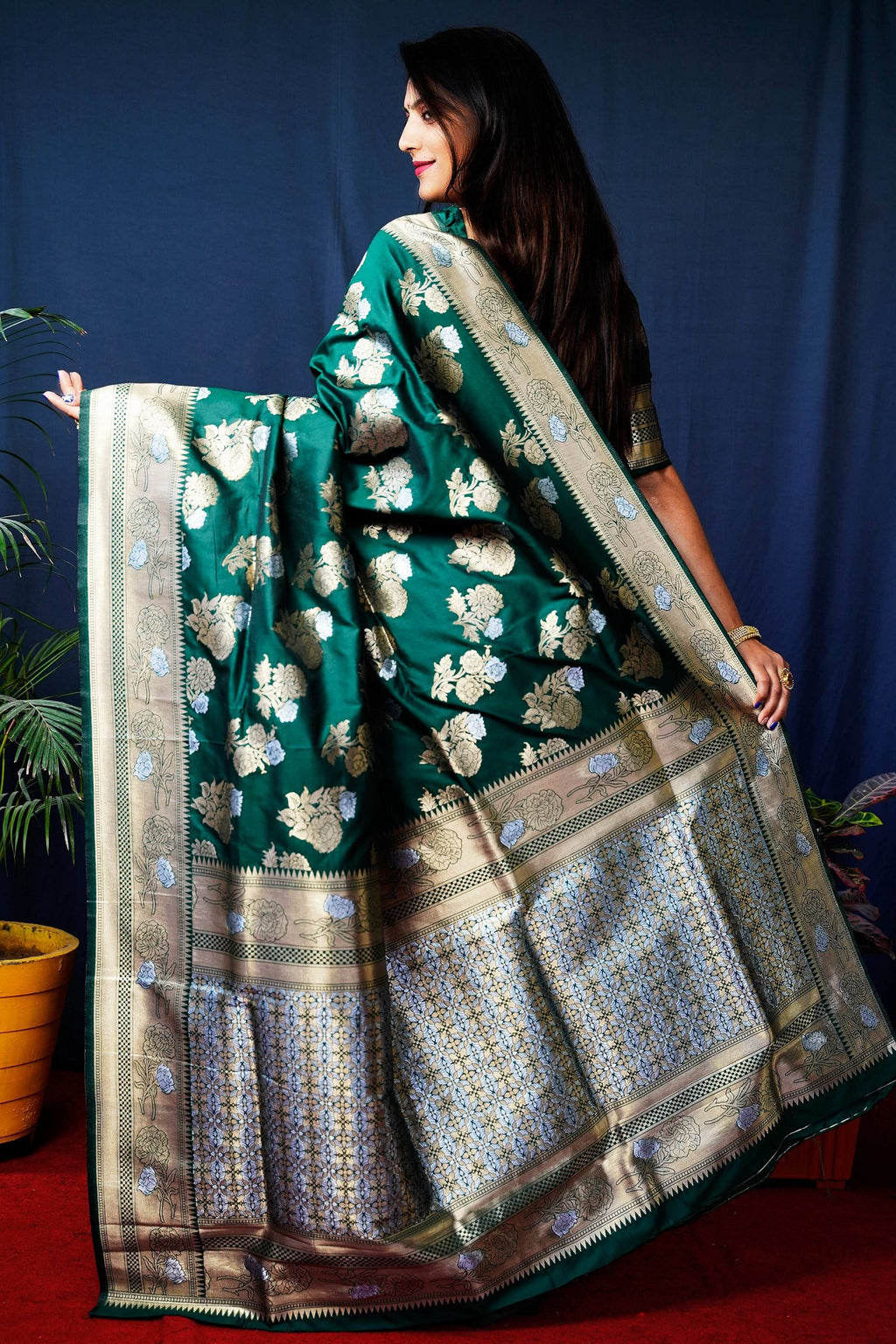 Jyoti Fashion Women's Bottle Green Handloom Banarasi Silk Zari Woven Saree with Blouse - Distacart