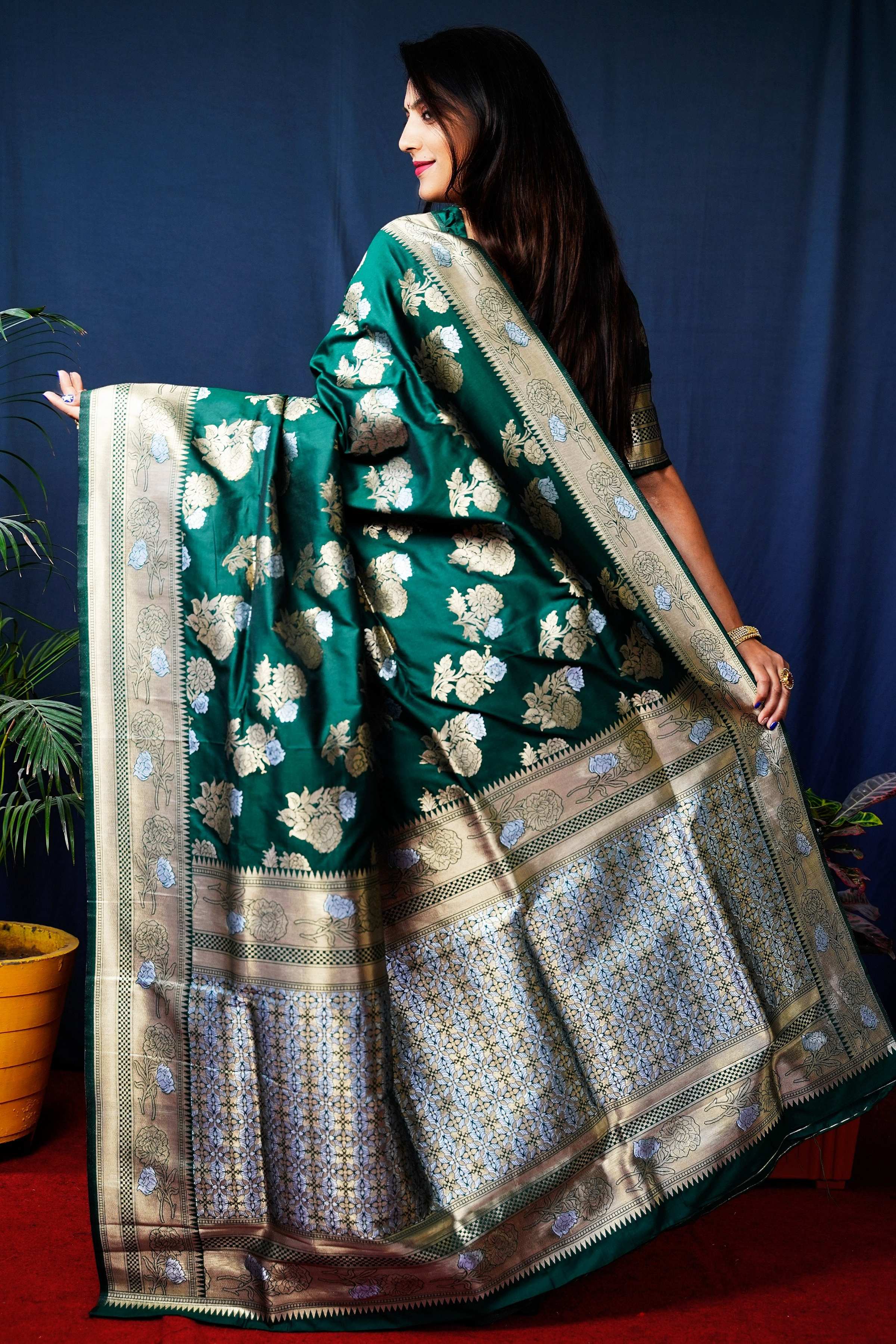 Jyoti Fashion Women's Bottle Green Handloom Banarasi Silk Zari Woven Saree with Blouse - Distacart