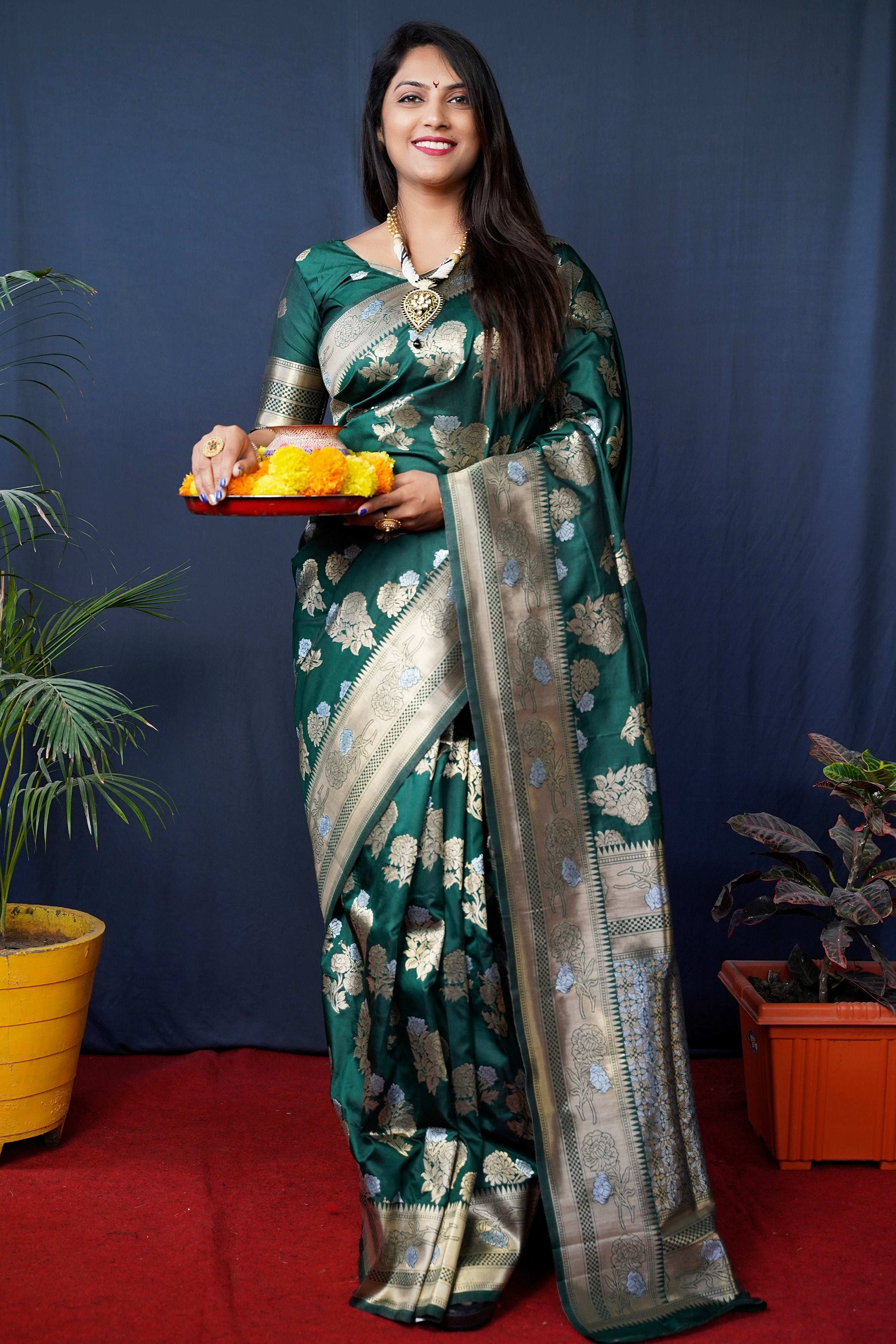 Jyoti Fashion Women's Bottle Green Handloom Banarasi Silk Zari Woven Saree with Blouse - Distacart
