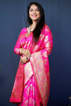Jyoti Fashion Women's Pink Handloom Banarasi Silk Zari Woven Saree with Blouse - Distacart
