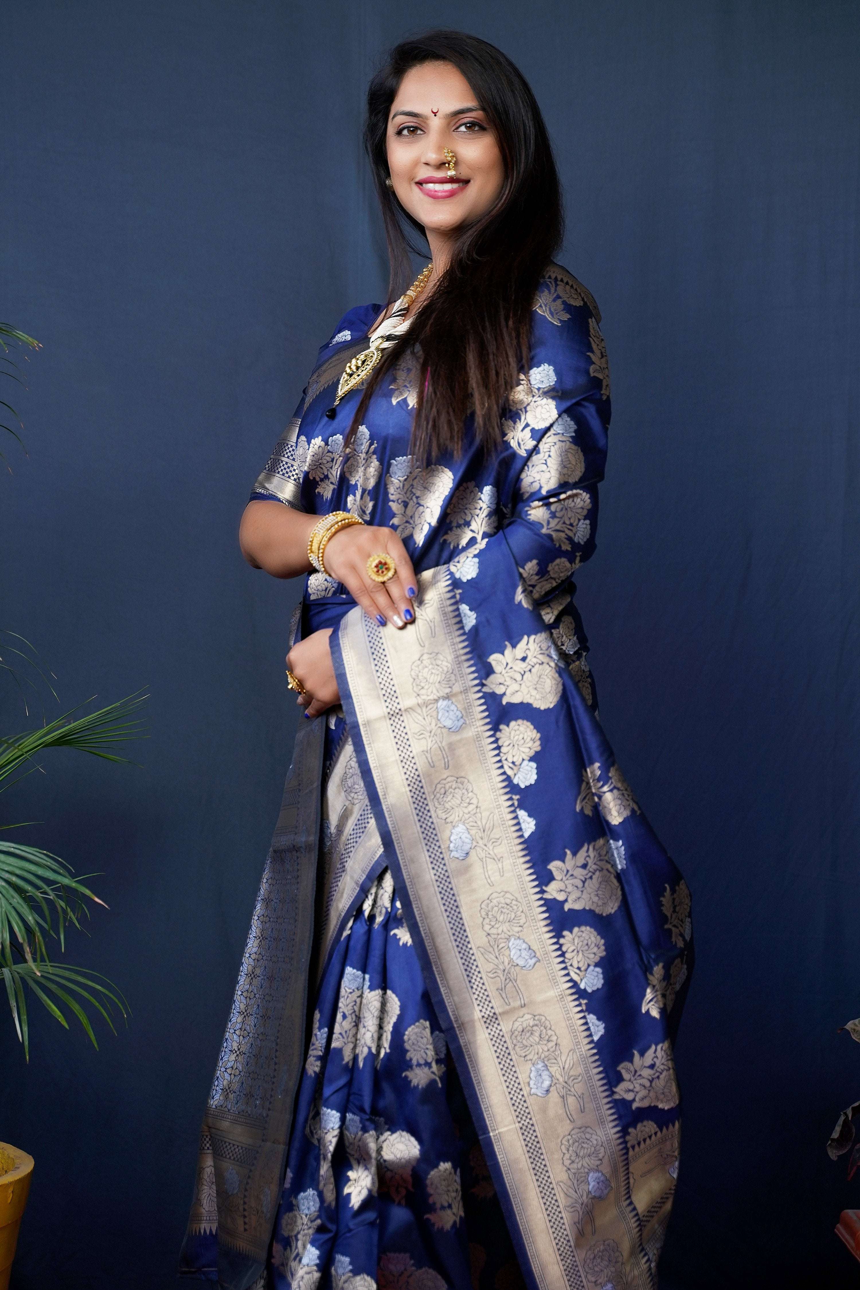Jyoti Fashion Women's Navy Blue Handloom Banarasi Silk Zari Woven Saree with Blouse - Distacart