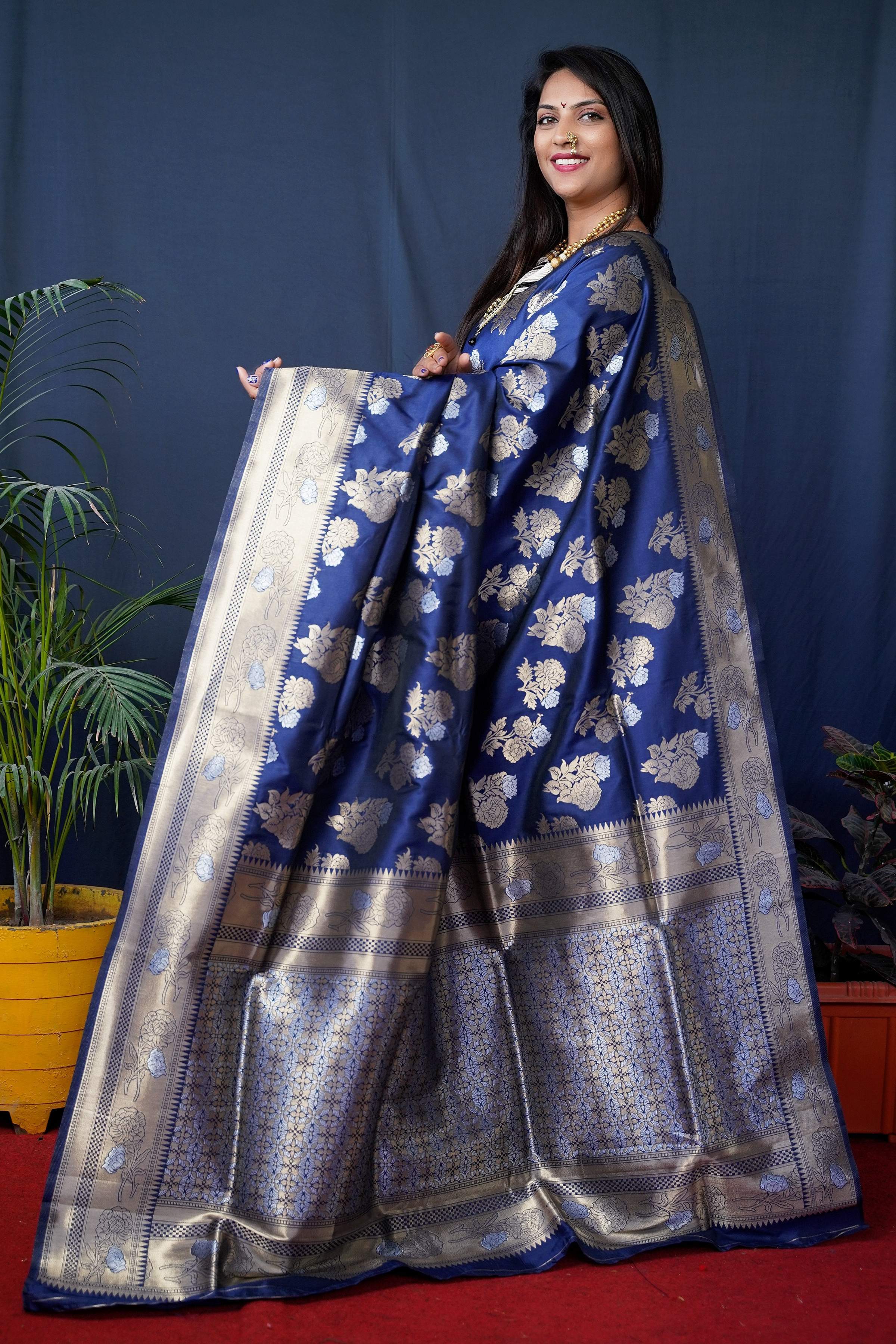 Jyoti Fashion Women's Navy Blue Handloom Banarasi Silk Zari Woven Saree with Blouse - Distacart