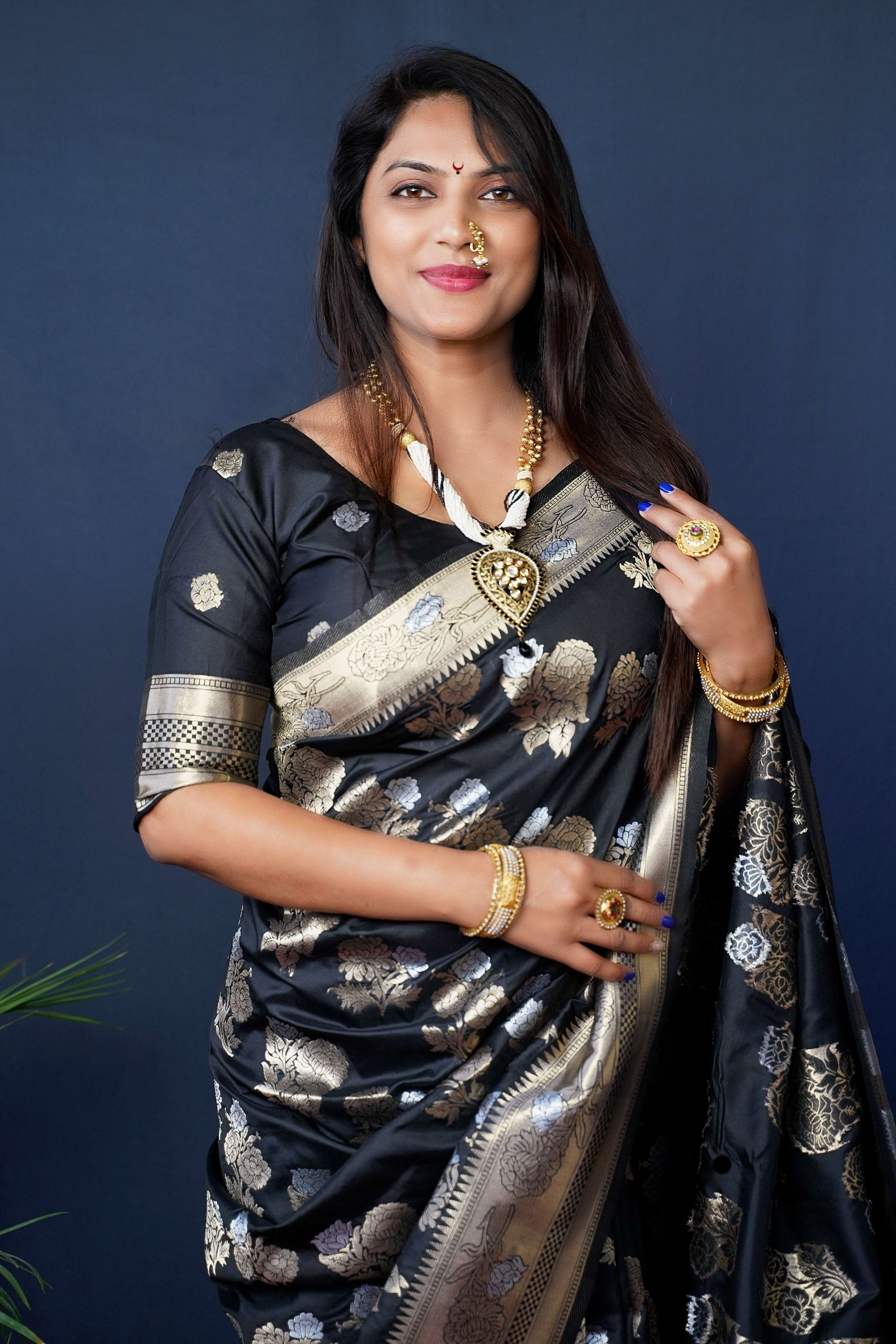 Jyoti Fashion Women's Black Handloom Banarasi Silk Zari Woven Saree with Blouse - Distacart