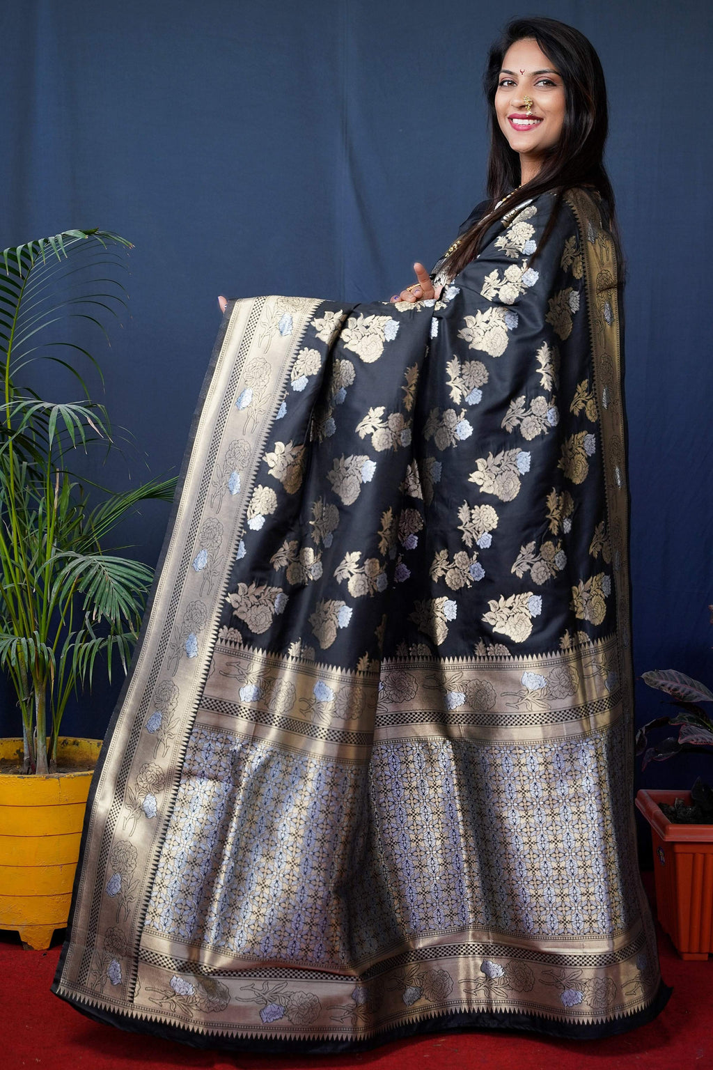 Jyoti Fashion Women's Black Handloom Banarasi Silk Zari Woven Saree with Blouse - Distacart