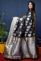 Jyoti Fashion Women's Black Handloom Banarasi Silk Zari Woven Saree with Blouse - Distacart