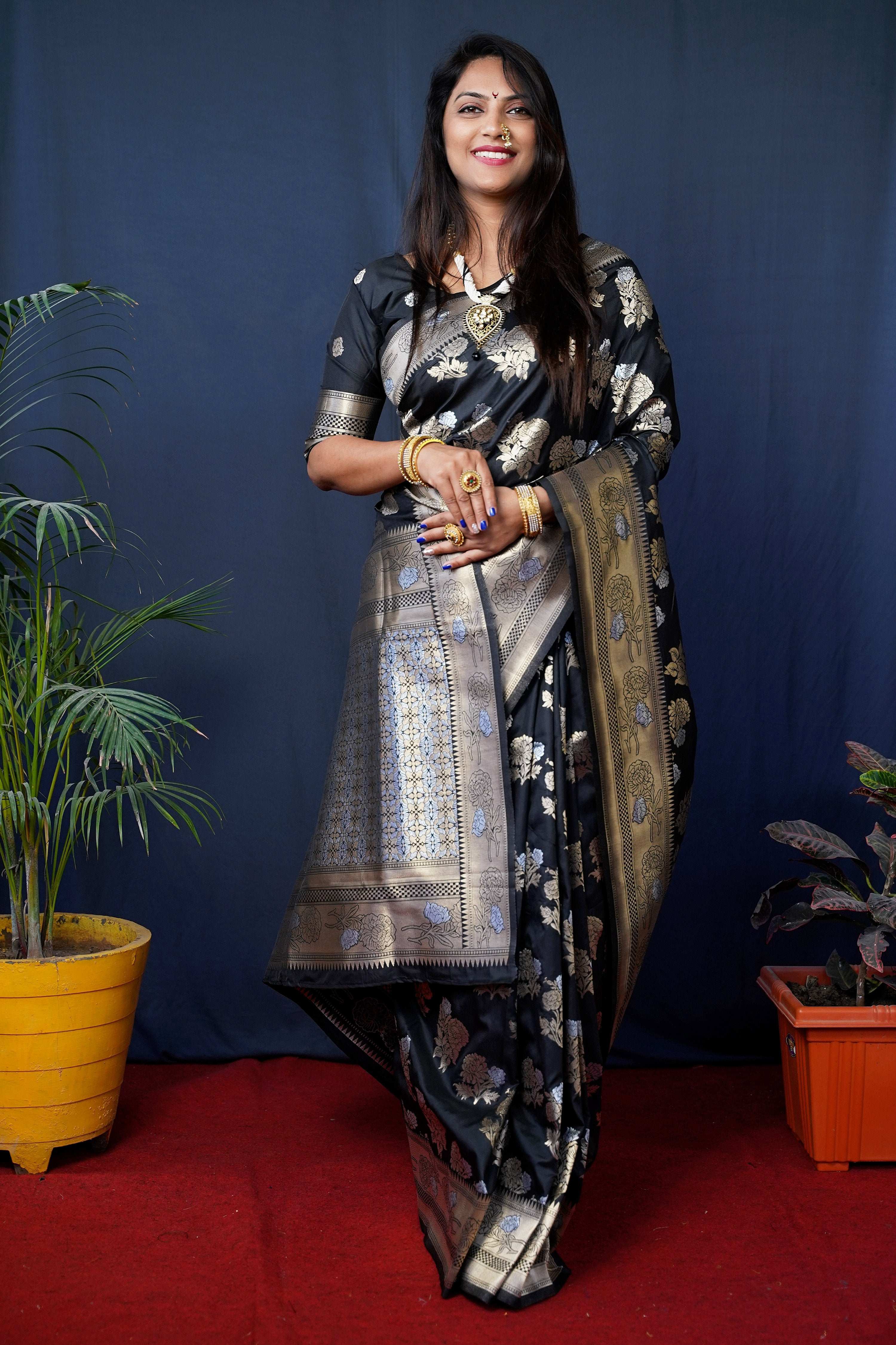 Jyoti Fashion Women's Black Handloom Banarasi Silk Zari Woven Saree with Blouse - Distacart