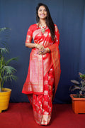 Jyoti Fashion Women's Red Handloom Banarasi Silk Zari Woven Saree with Blouse - Distacart
