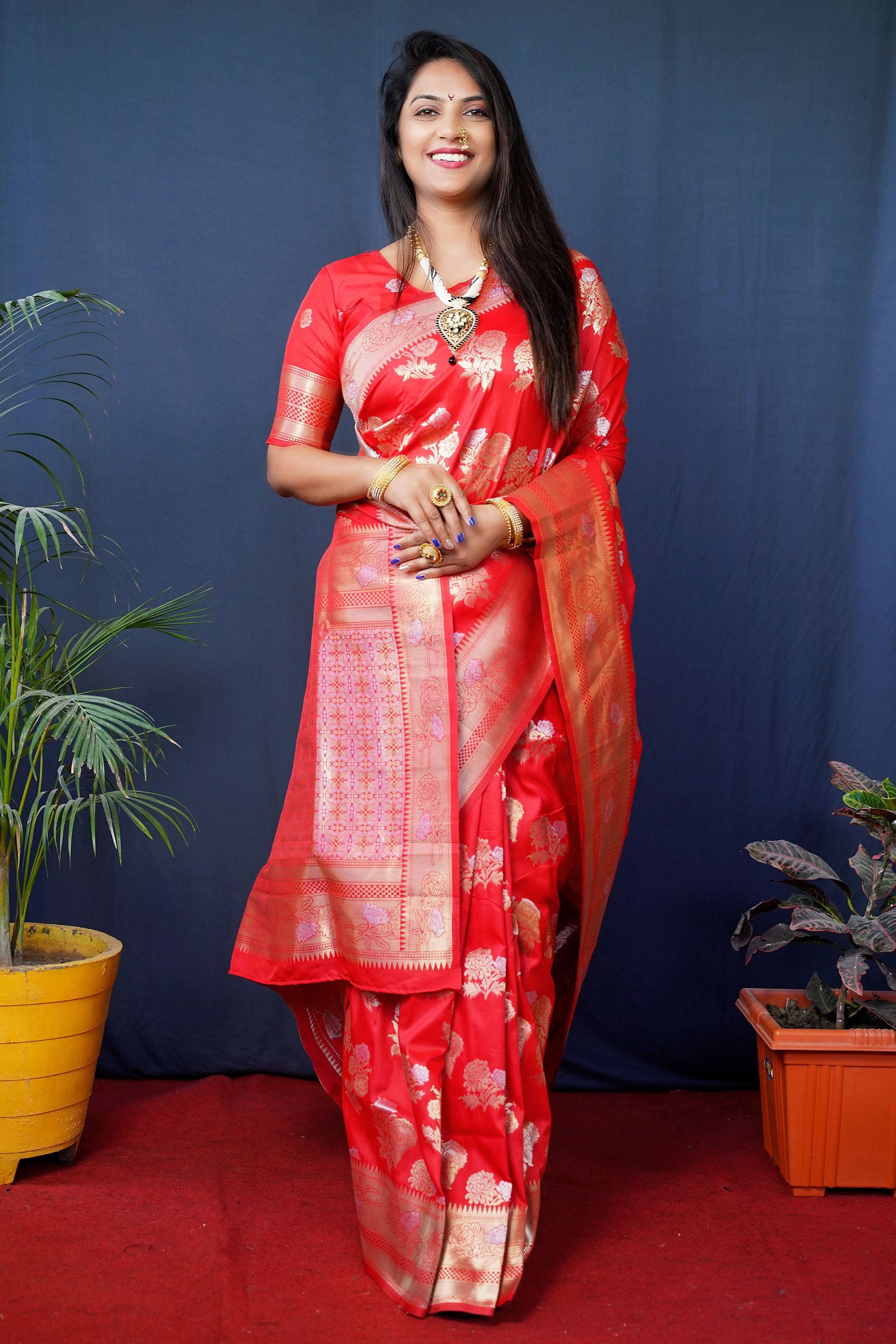 Jyoti Fashion Women's Red Handloom Banarasi Silk Zari Woven Saree with Blouse - Distacart