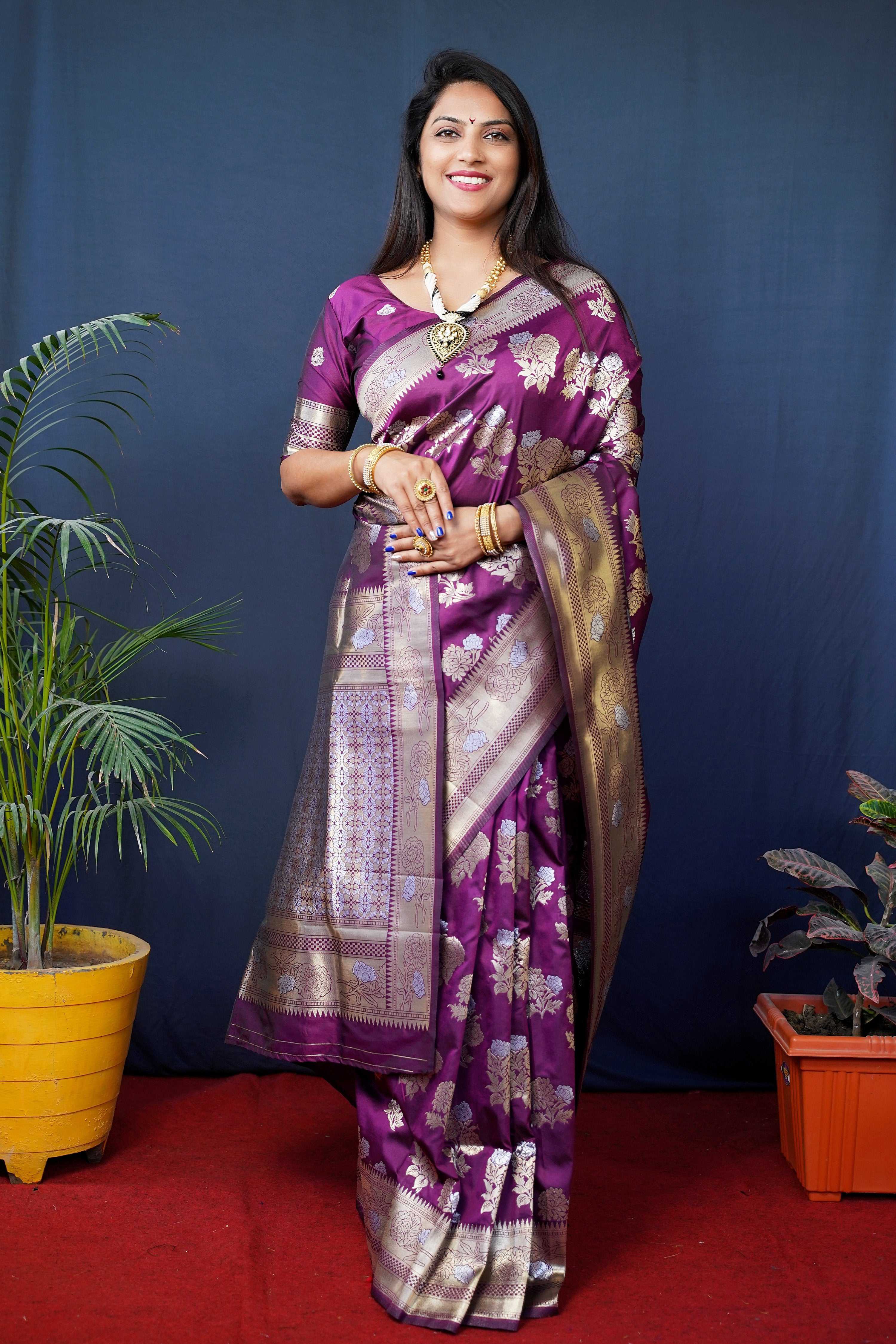 Jyoti Fashion Women's Wine Handloom Banarasi Silk Zari Woven Saree with Blouse - Distacart