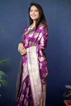 Jyoti Fashion Women's Wine Handloom Banarasi Silk Zari Woven Saree with Blouse - Distacart