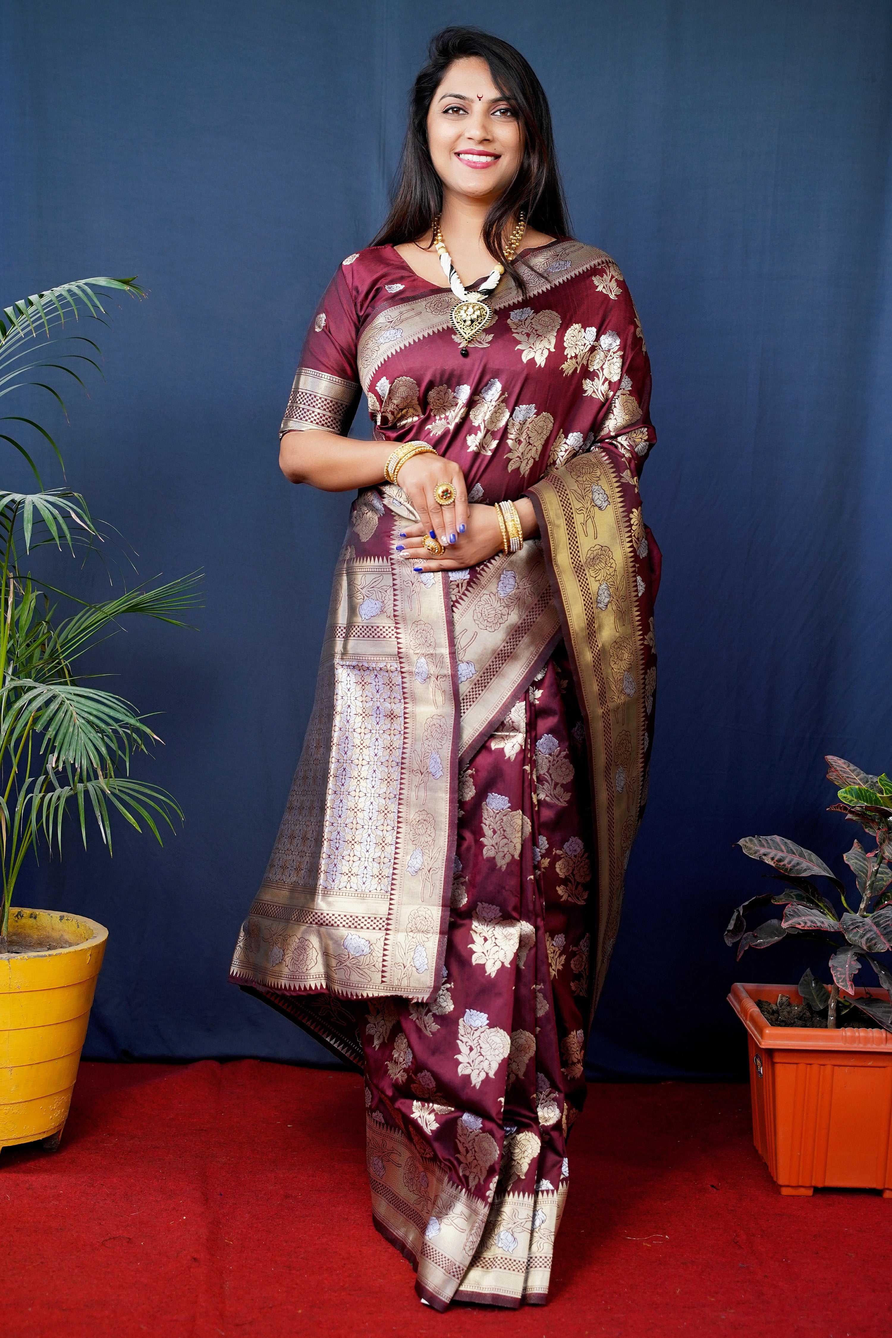 Jyoti Fashion Women's Maroon Handloom Banarasi Silk Zari Woven Saree with Blouse - Distacart