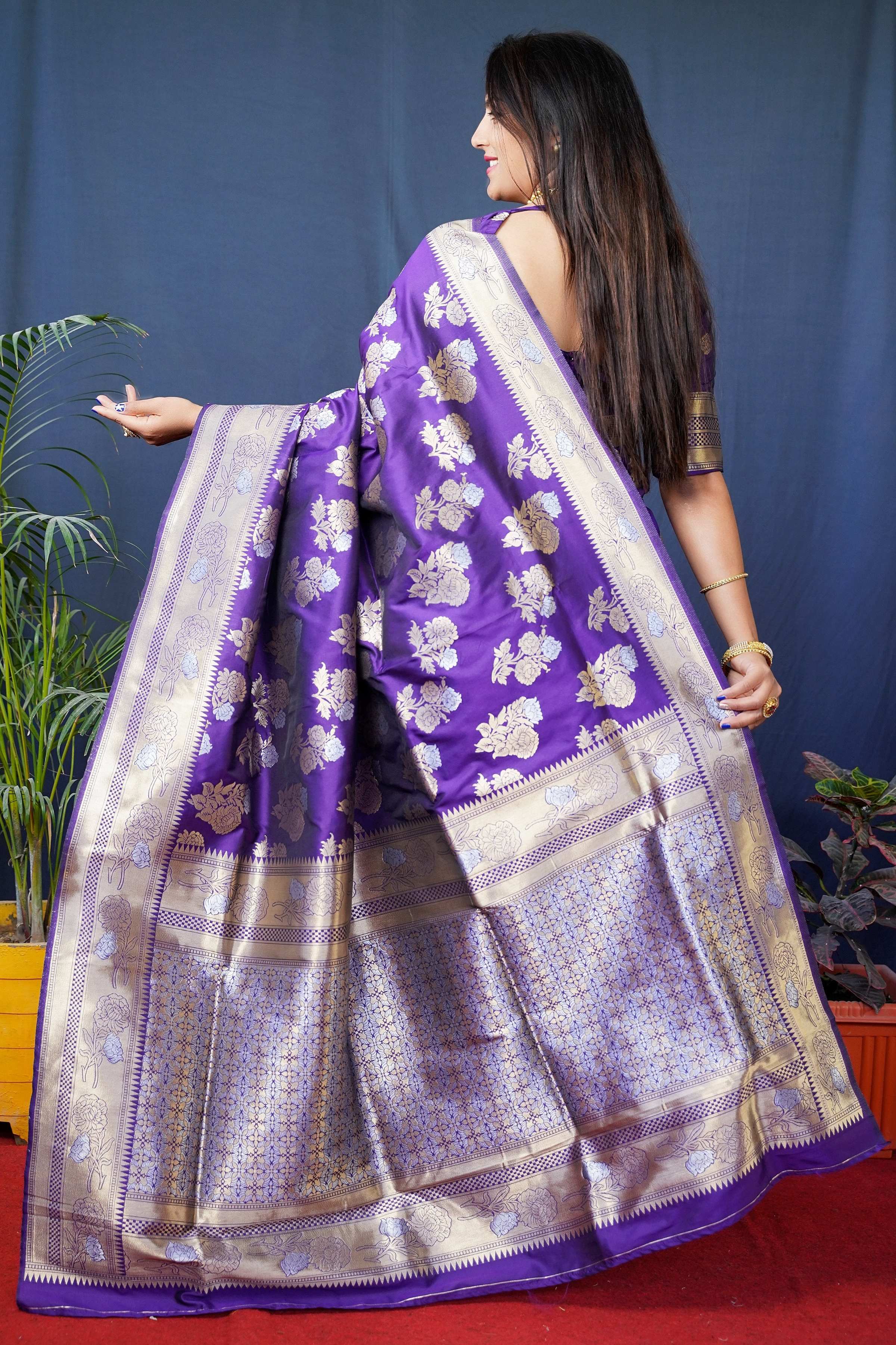 Jyoti Fashion Women's Purple Handloom Banarasi Silk Zari Woven Saree with Blouse - Distacart