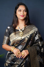 Jyoti Fashion Women's Black Handloom Banarasi Silk Zari Woven Saree with Blouse - Distacart