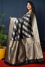 Jyoti Fashion Women's Black Handloom Banarasi Silk Zari Woven Saree with Blouse - Distacart