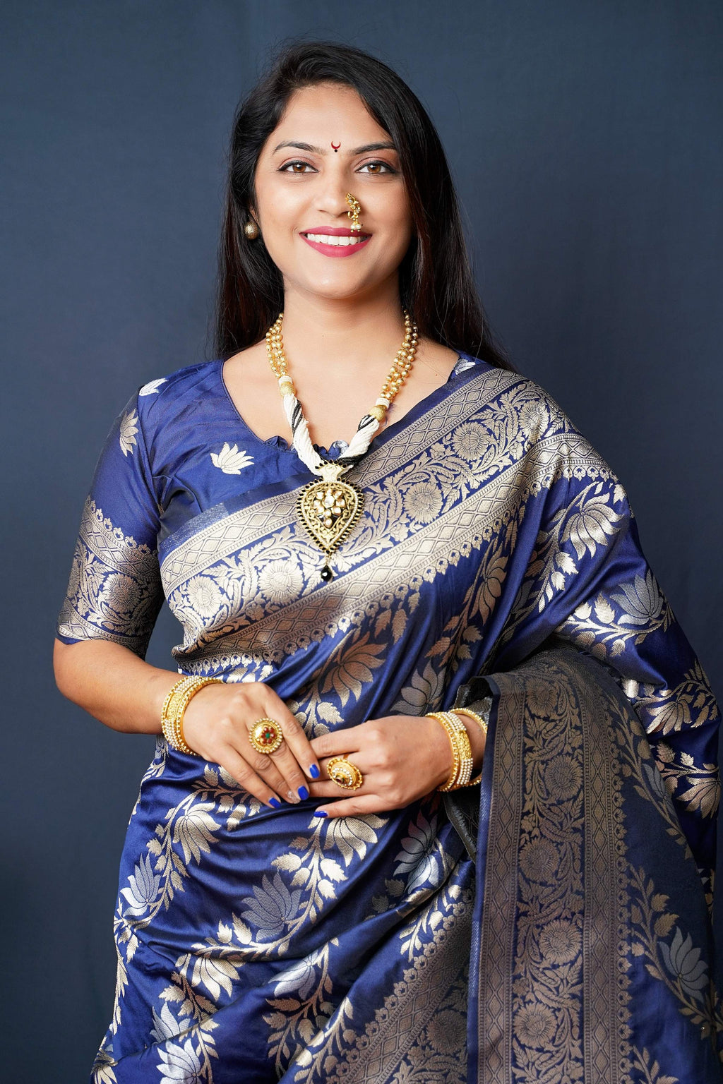 Jyoti Fashion Women's Navy Blue Handloom Banarasi Silk Zari Woven Saree with Blouse - Distacart